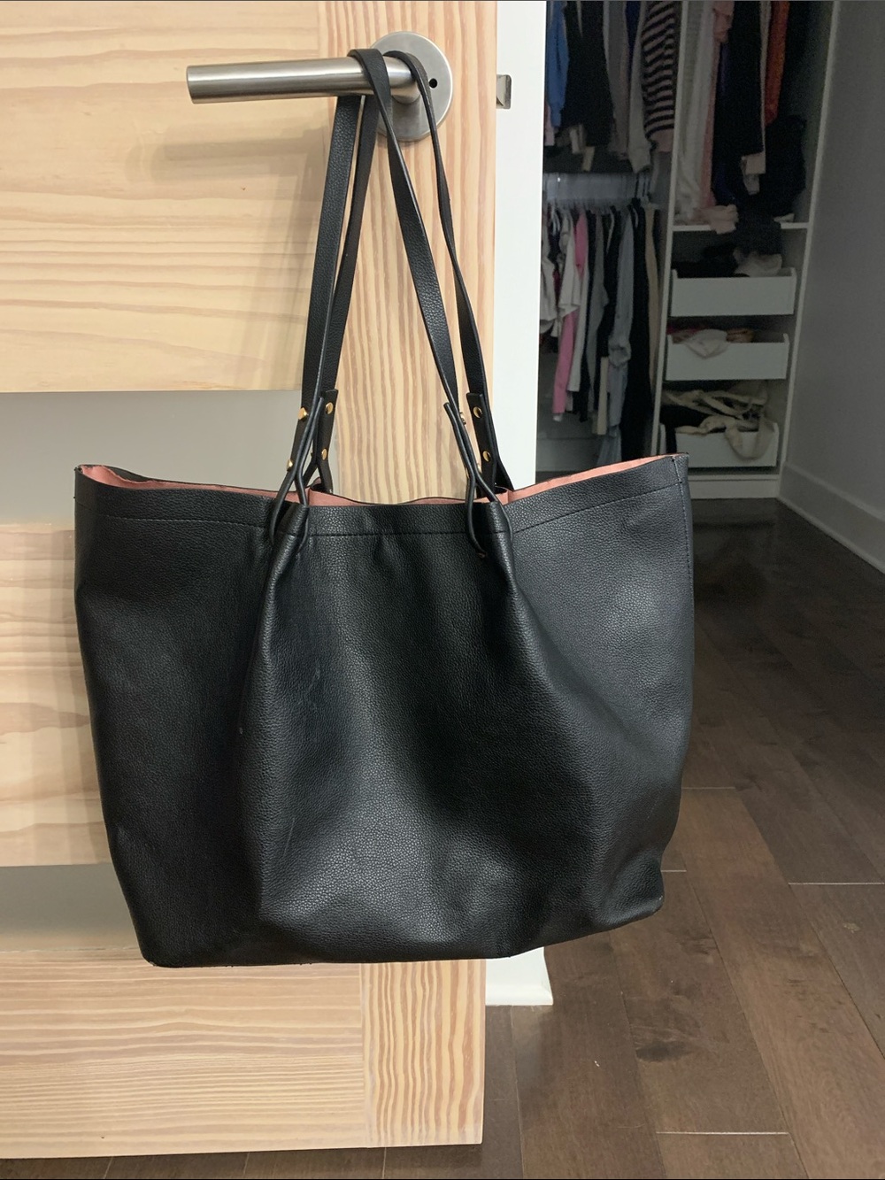 H&M Black Leather Tote Bag with Pink Trim - Classic Everyday Carry